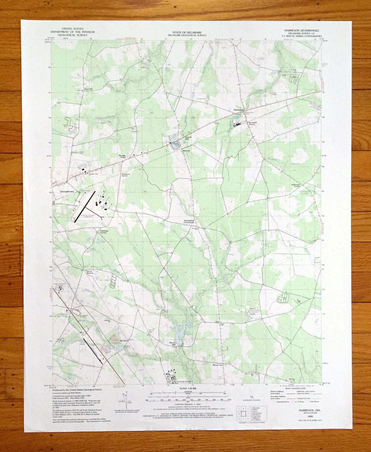 Antique Harbeson, Delaware 1992 US Geological Survey Topographic Map – Sussex County, Georgetown, Gravel Hill, Zohar, Mount Joy, Stockley DE