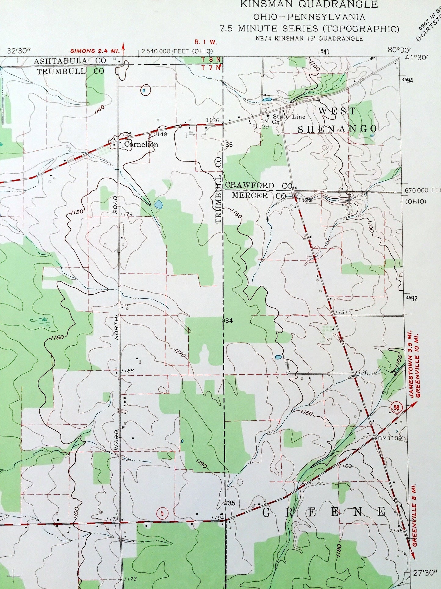 Antique Kinsman, Ohio 1961 US Geological Survey Topographic Map — Ashtabula, Trumbull County, Gustavus, OH, Mercer, Crawford County, PA