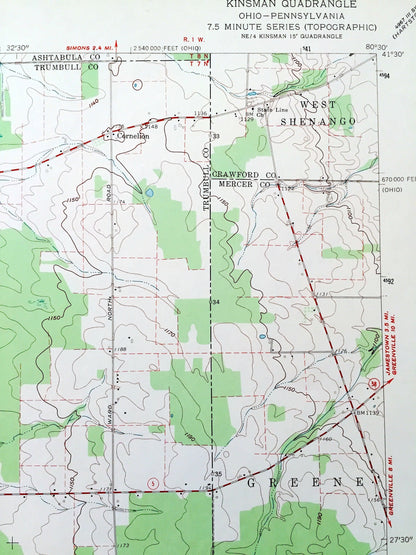 Antique Kinsman, Ohio 1961 US Geological Survey Topographic Map — Ashtabula, Trumbull County, Gustavus, OH, Mercer, Crawford County, PA