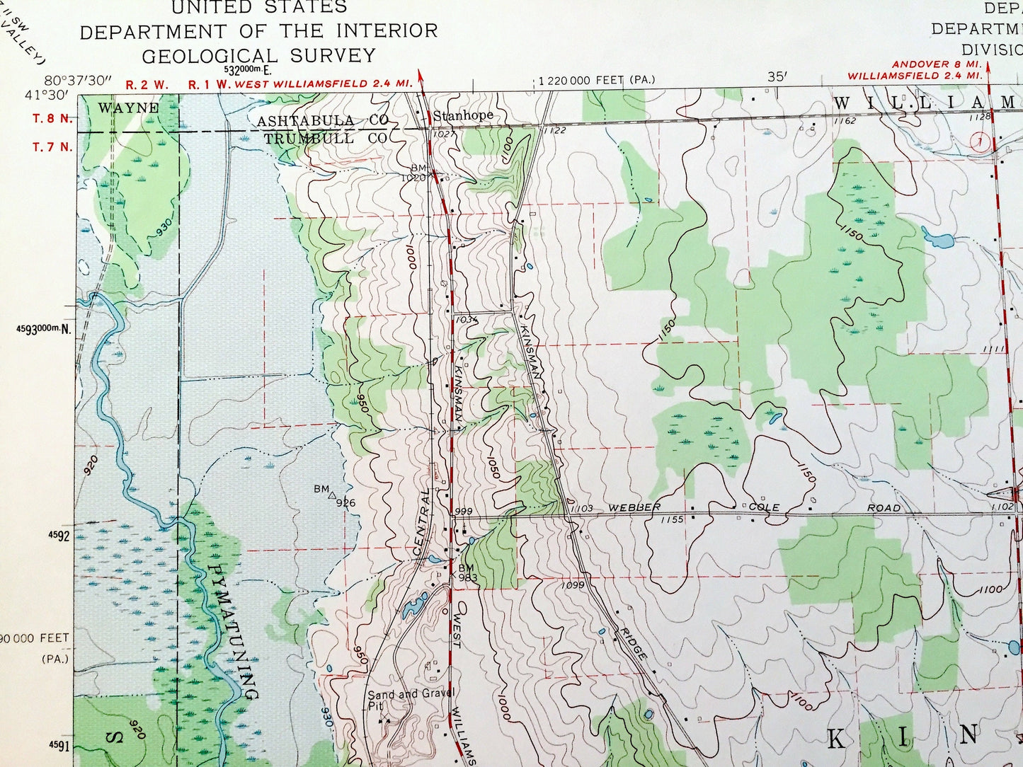 Antique Kinsman, Ohio 1961 US Geological Survey Topographic Map — Ashtabula, Trumbull County, Gustavus, OH, Mercer, Crawford County, PA