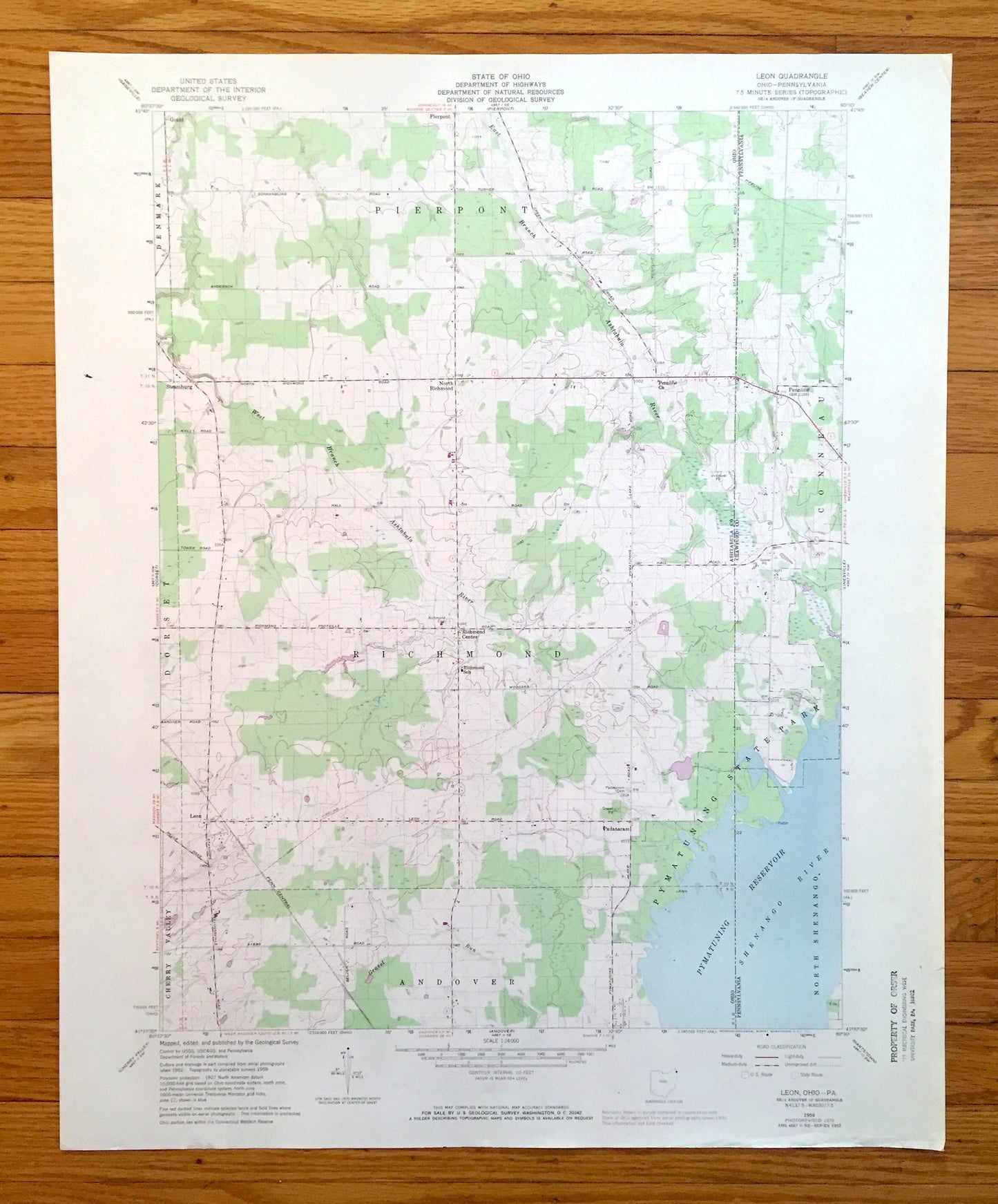 Antique Leon, Ohio 1959 US Geological Survey Topographic Map — Ashtabula County, Pierpont, Denmark, Dorset, OH, Crawford County, Conneaut PA