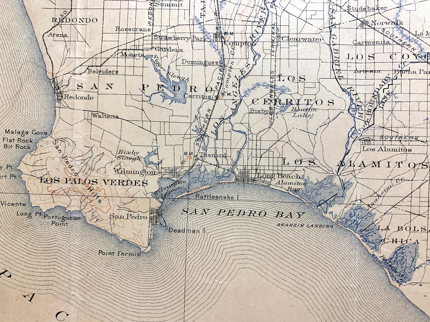 Antique Southern California 1901 US Geological Survey Topographic Map – Hollywood, Long Beach Newport San Bernardino Beverly Hills Mohave CA