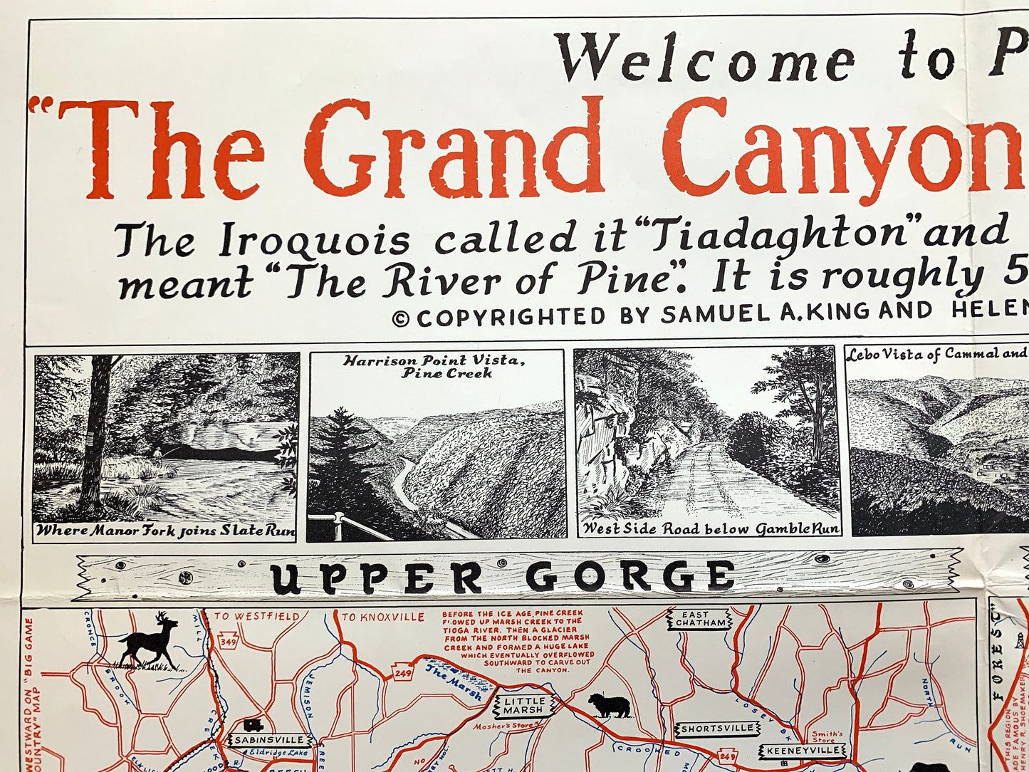 Antique 1950's Pennsylvania Map "Grand Canyon of Pennsylvania" by Samuel A. King – Tioga, Lycoming, Clinton County, Sproul State Forest, PA