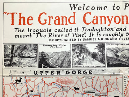 Antique 1950's Pennsylvania Map "Grand Canyon of Pennsylvania" by Samuel A. King – Tioga, Lycoming, Clinton County, Sproul State Forest, PA