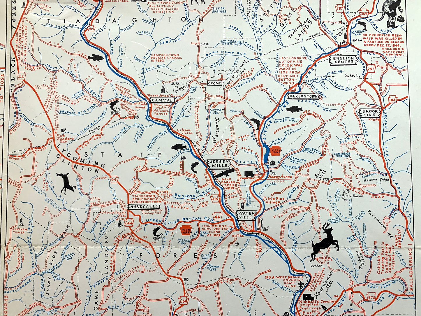 Antique 1950's Pennsylvania Map "Grand Canyon of Pennsylvania" by Samuel A. King – Tioga, Lycoming, Clinton County, Sproul State Forest, PA