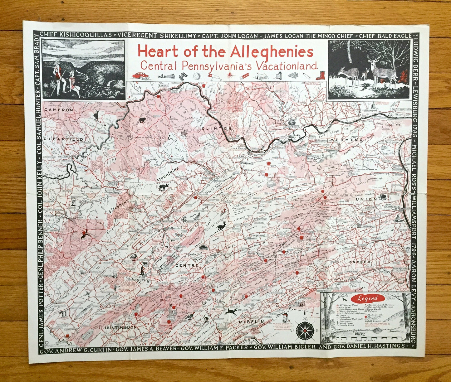 Antique 1953 Pennsylvania Map "Heart of the Alleghenies" by Samuel A. King – Clinton, Lycoming, Centre, Union, Snyder, Mifflin County, PA