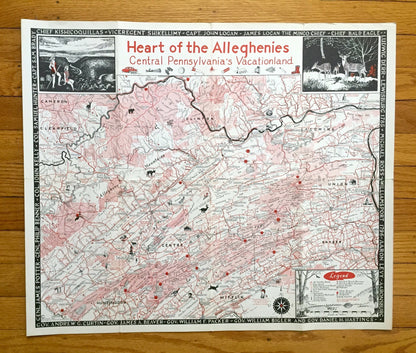 Antique 1953 Pennsylvania Map "Heart of the Alleghenies" by Samuel A. King – Clinton, Lycoming, Centre, Union, Snyder, Mifflin County, PA