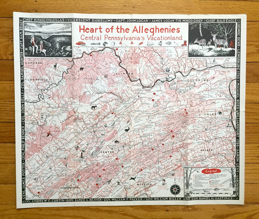 Antique 1953 Pennsylvania Map "Heart of the Alleghenies" by Samuel A. King – Clinton, Lycoming, Centre, Union, Snyder, Mifflin County, PA
