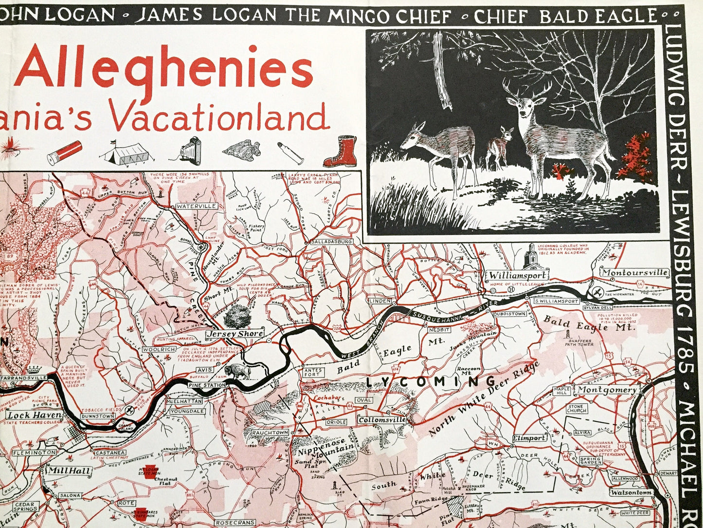 Antique 1953 Pennsylvania Map "Heart of the Alleghenies" by Samuel A. King – Clinton, Lycoming, Centre, Union, Snyder, Mifflin County, PA
