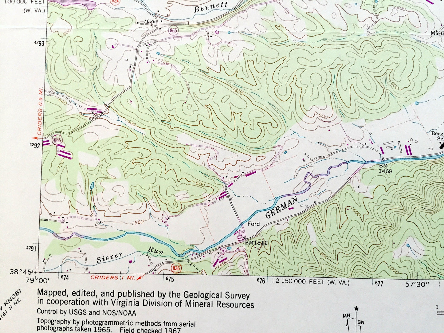 Antique Bergton, Virginia 1967 US Geological Survey Topographic Map – Rockingham County, VA, Hardy County, South Fork, Lost River, WV