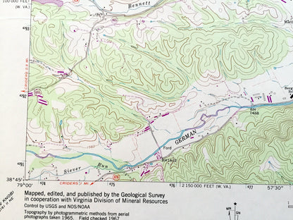 Antique Bergton, Virginia 1967 US Geological Survey Topographic Map – Rockingham County, VA, Hardy County, South Fork, Lost River, WV
