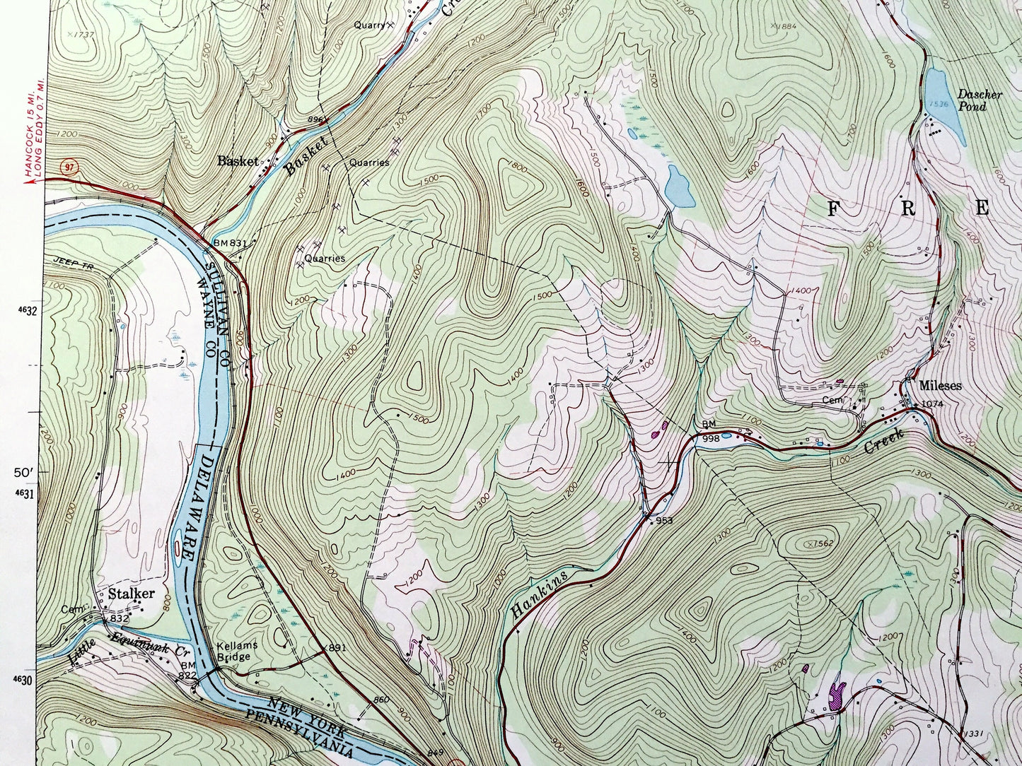 Antique Callicoon, New York 1992 US Geological Survey Topographic Map – Delaware, Sullivan County, Fremont, NY, Wayne County, Manchester, PA