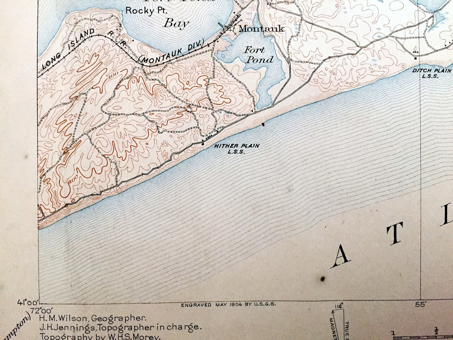 Antique Montauk, Long Island, New York 1904 US Geological Survey Topographic Map – Easthampton, Hamptons, Suffolk County, Hither Woods, NY