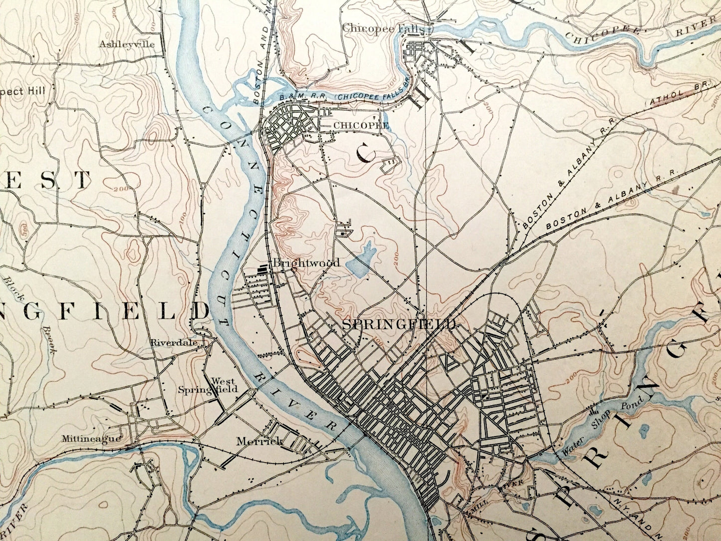 Antique Springfield, Massachusetts 1895 US Geological Survey Topographic Map – Holyoke, South Hadley, Chicopee, Southhampton, Agawam, MA