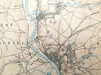 Antique Springfield, Massachusetts 1895 US Geological Survey Topographic Map – Holyoke, South Hadley, Chicopee, Southhampton, Agawam, MA