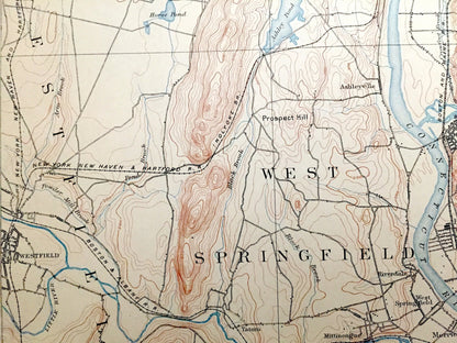 Antique Springfield, Massachusetts 1895 US Geological Survey Topographic Map – Holyoke, South Hadley, Chicopee, Southhampton, Agawam, MA