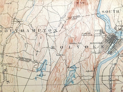 Antique Springfield, Massachusetts 1895 US Geological Survey Topographic Map – Holyoke, South Hadley, Chicopee, Southhampton, Agawam, MA