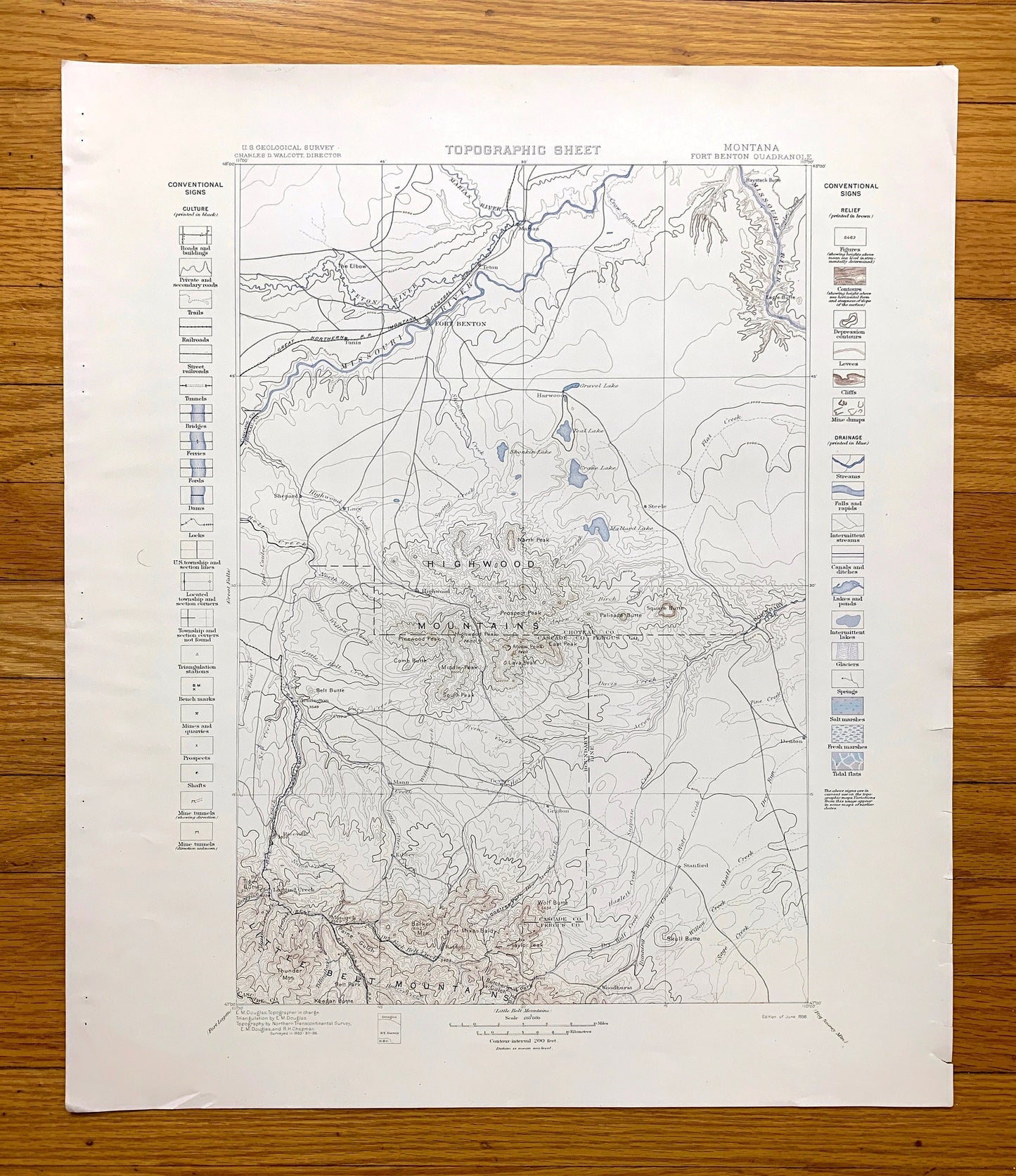 Antique Fort Benton, Montana 1898 US Geological Survey Topographic Map – Chouteau, Cascade, Fergus County, Missouri River, Highwood Tunis MT