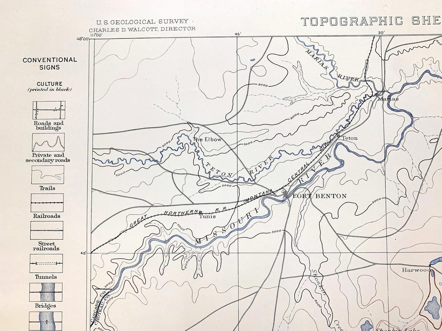 Antique Fort Benton, Montana 1898 US Geological Survey Topographic Map – Chouteau, Cascade, Fergus County, Missouri River, Highwood Tunis MT