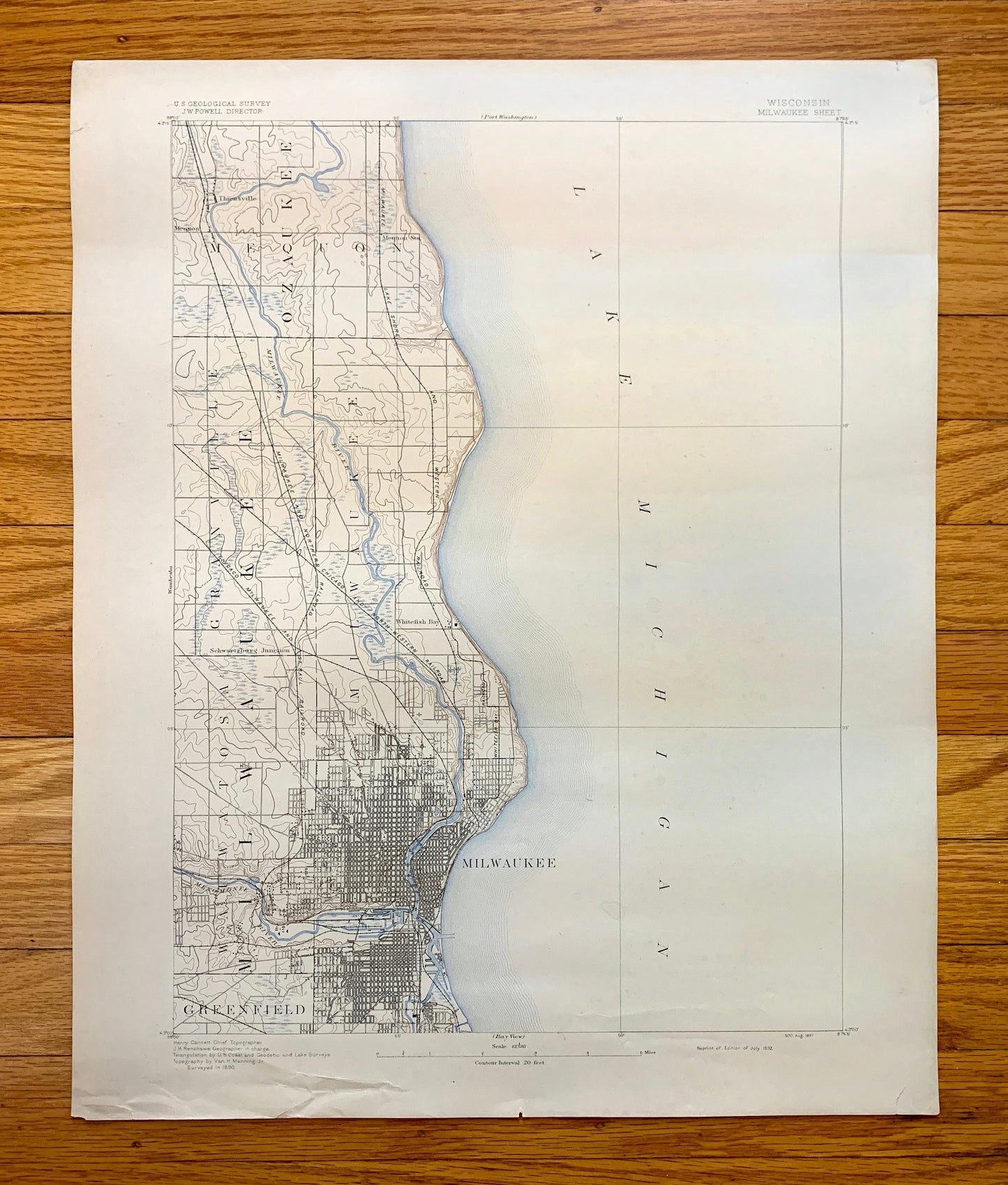 Antique Milwaukee, Wisconsin 1892 US Geological Survey Topographic Map – Ozaukee County, Lake Michigan Brown Deer Whitefish Bay Menomonee WI