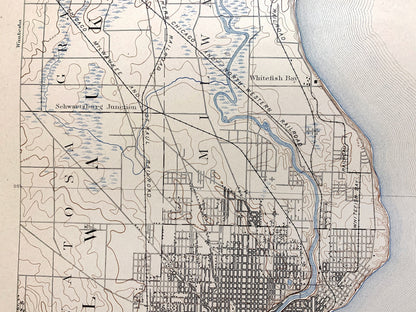 Antique Milwaukee, Wisconsin 1892 US Geological Survey Topographic Map – Ozaukee County, Lake Michigan Brown Deer Whitefish Bay Menomonee WI