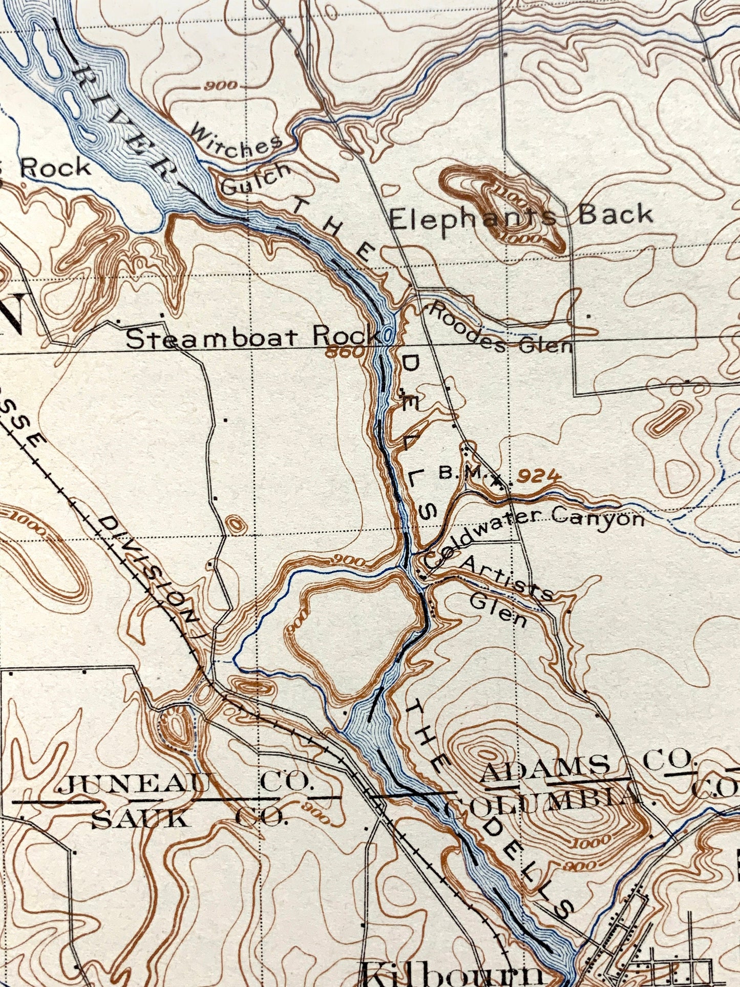 Antique The Dells, Wisconsin 1901 US Geological Survey Topographic Map – Kilbourn, Delton, Lyndon, Reedsburg, Juneau, Sauk, Adams County, WI