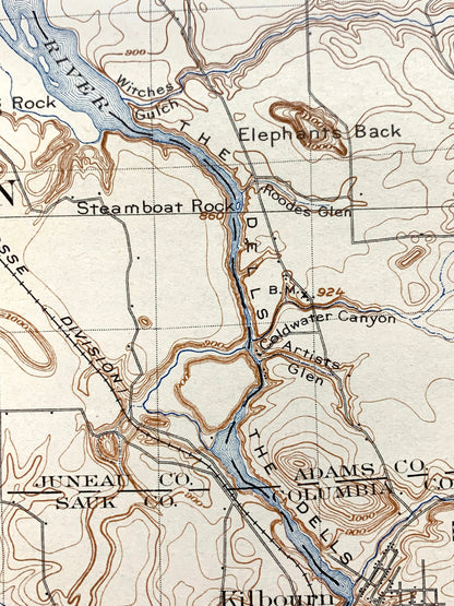 Antique The Dells, Wisconsin 1901 US Geological Survey Topographic Map – Kilbourn, Delton, Lyndon, Reedsburg, Juneau, Sauk, Adams County, WI