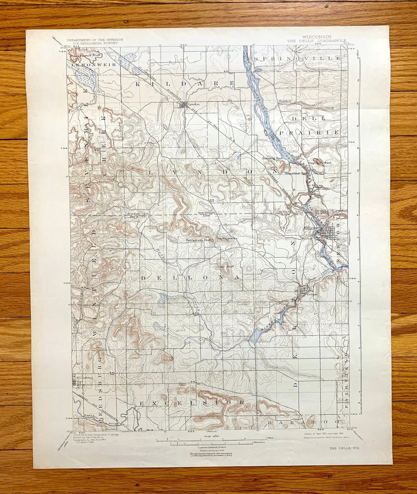 Antique The Dells, Wisconsin 1901 US Geological Survey Topographic Map – Kilbourn, Delton, Lyndon, Reedsburg, Juneau, Sauk, Adams County, WI