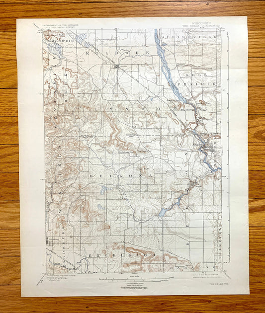 Antique The Dells, Wisconsin 1901 US Geological Survey Topographic Map – Kilbourn, Delton, Lyndon, Reedsburg, Juneau, Sauk, Adams County, WI
