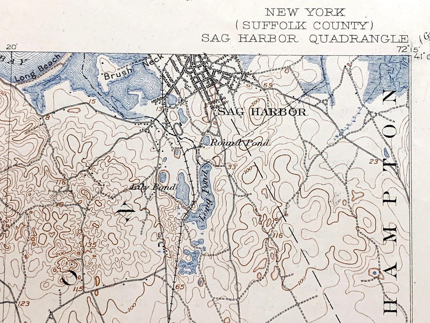 Antique The Hamptons, Long Island, New York 1904 US Geological Survey Topographic Map – Suffolk County, Sag Harbor, Southampton, Southold NY