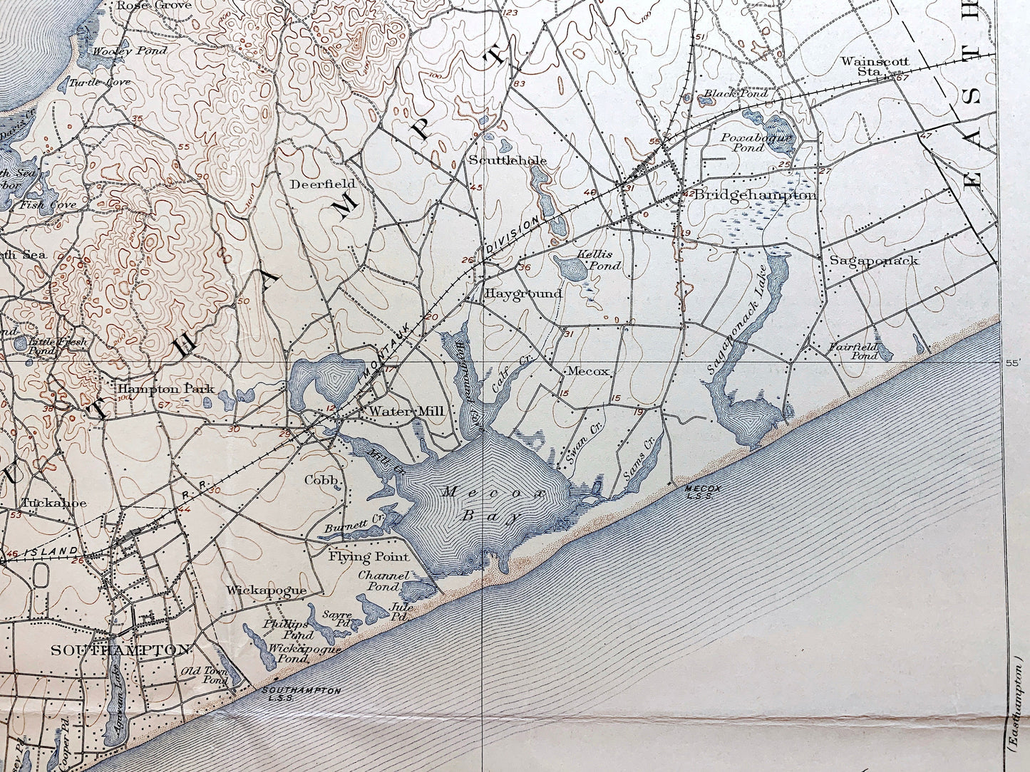 Antique The Hamptons, Long Island, New York 1904 US Geological Survey Topographic Map – Suffolk County, Sag Harbor, Southampton, Southold NY