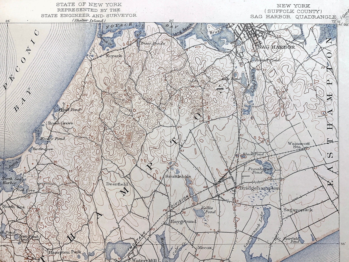 Antique The Hamptons, Long Island, New York 1904 US Geological Survey Topographic Map – Suffolk County, Sag Harbor, Southampton, Southold NY