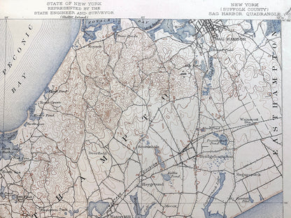 Antique The Hamptons, Long Island, New York 1904 US Geological Survey Topographic Map – Suffolk County, Sag Harbor, Southampton, Southold NY