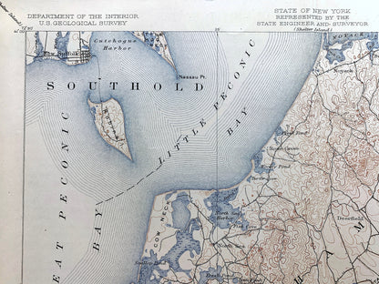 Antique The Hamptons, Long Island, New York 1904 US Geological Survey Topographic Map – Suffolk County, Sag Harbor, Southampton, Southold NY