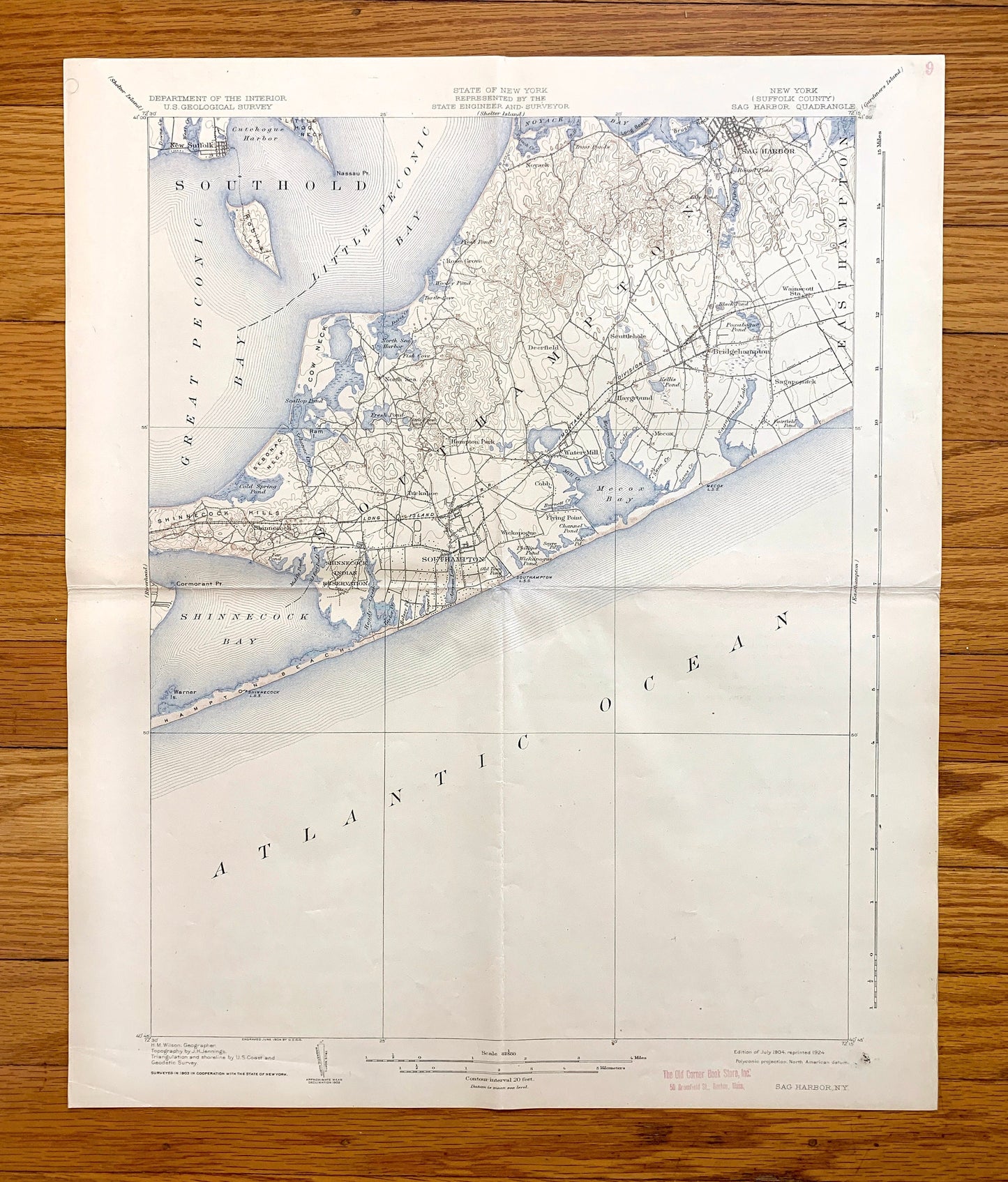 Antique The Hamptons, Long Island, New York 1904 US Geological Survey Topographic Map – Suffolk County, Sag Harbor, Southampton, Southold NY