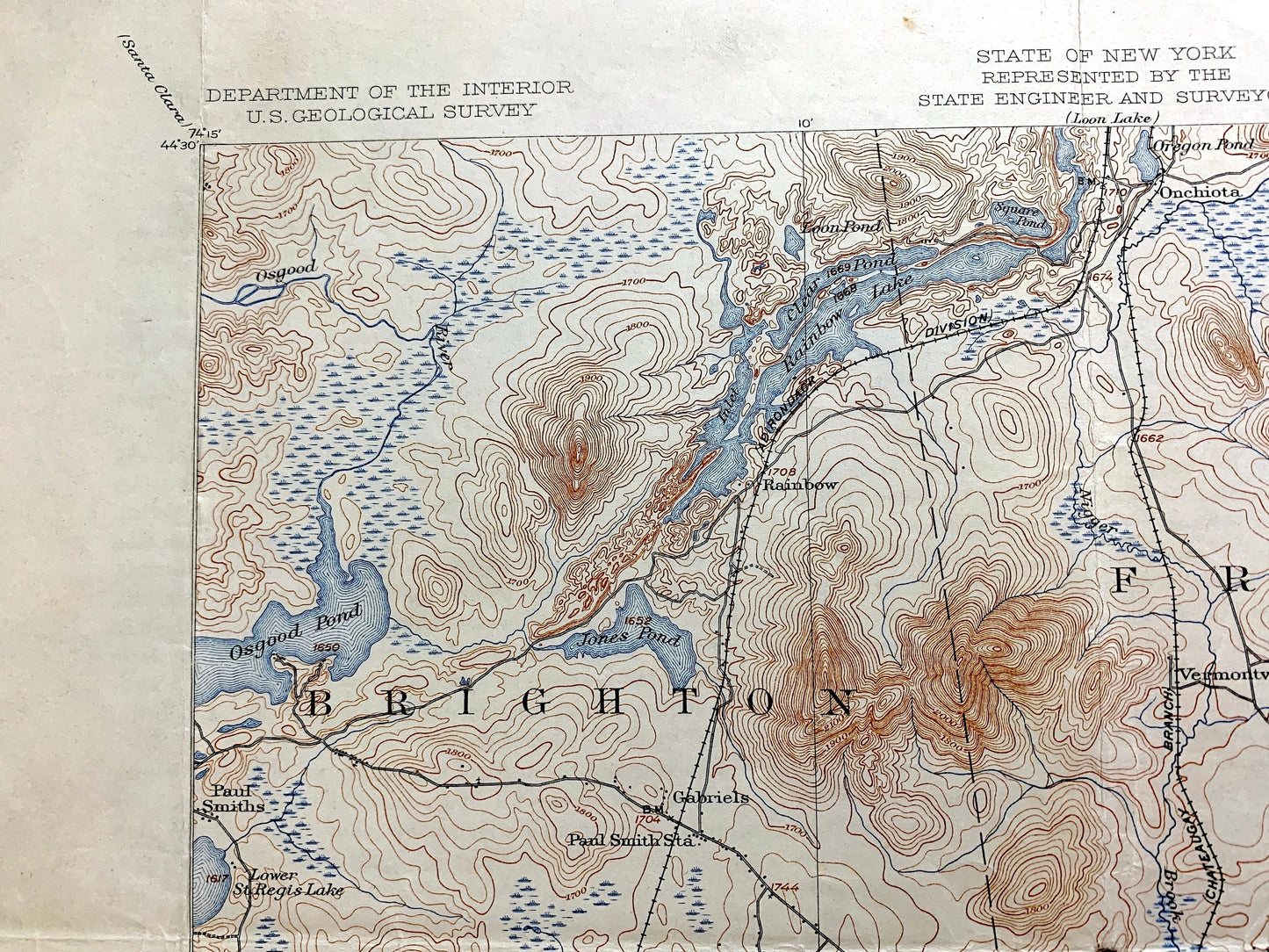 Antique Saranac Lake, New York 1904 US Geological Survey Topographic Map – Adirondacks, Brighton, Franklin, Harrietstown, St Armand, Elba NY