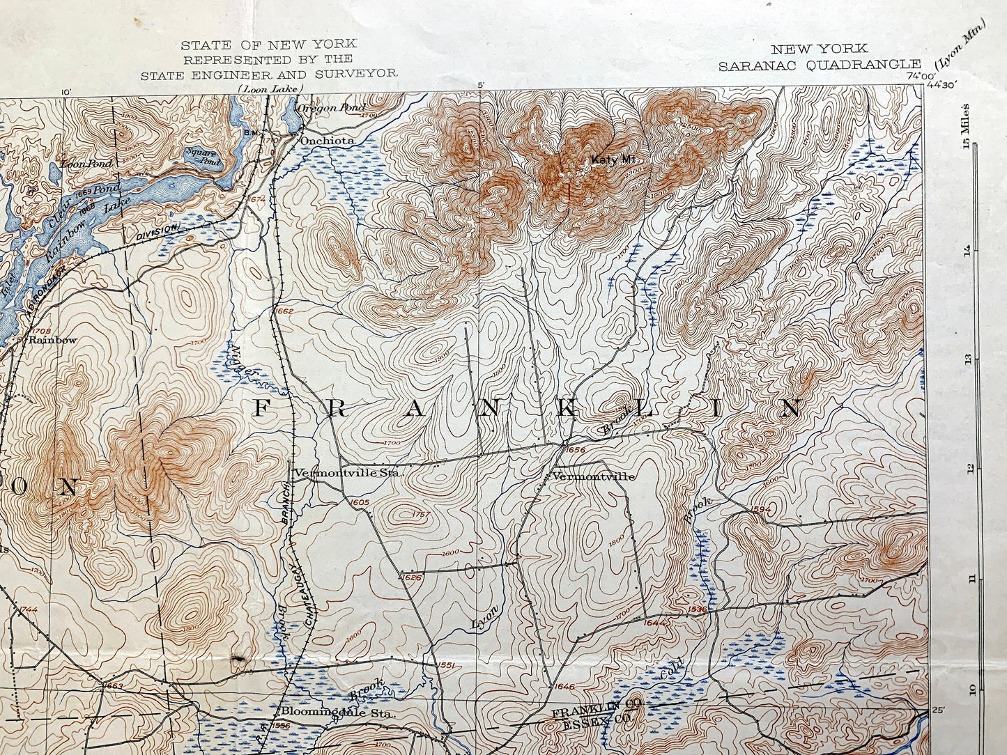 Antique Saranac Lake, New York 1904 US Geological Survey Topographic Map – Adirondacks, Brighton, Franklin, Harrietstown, St Armand, Elba NY