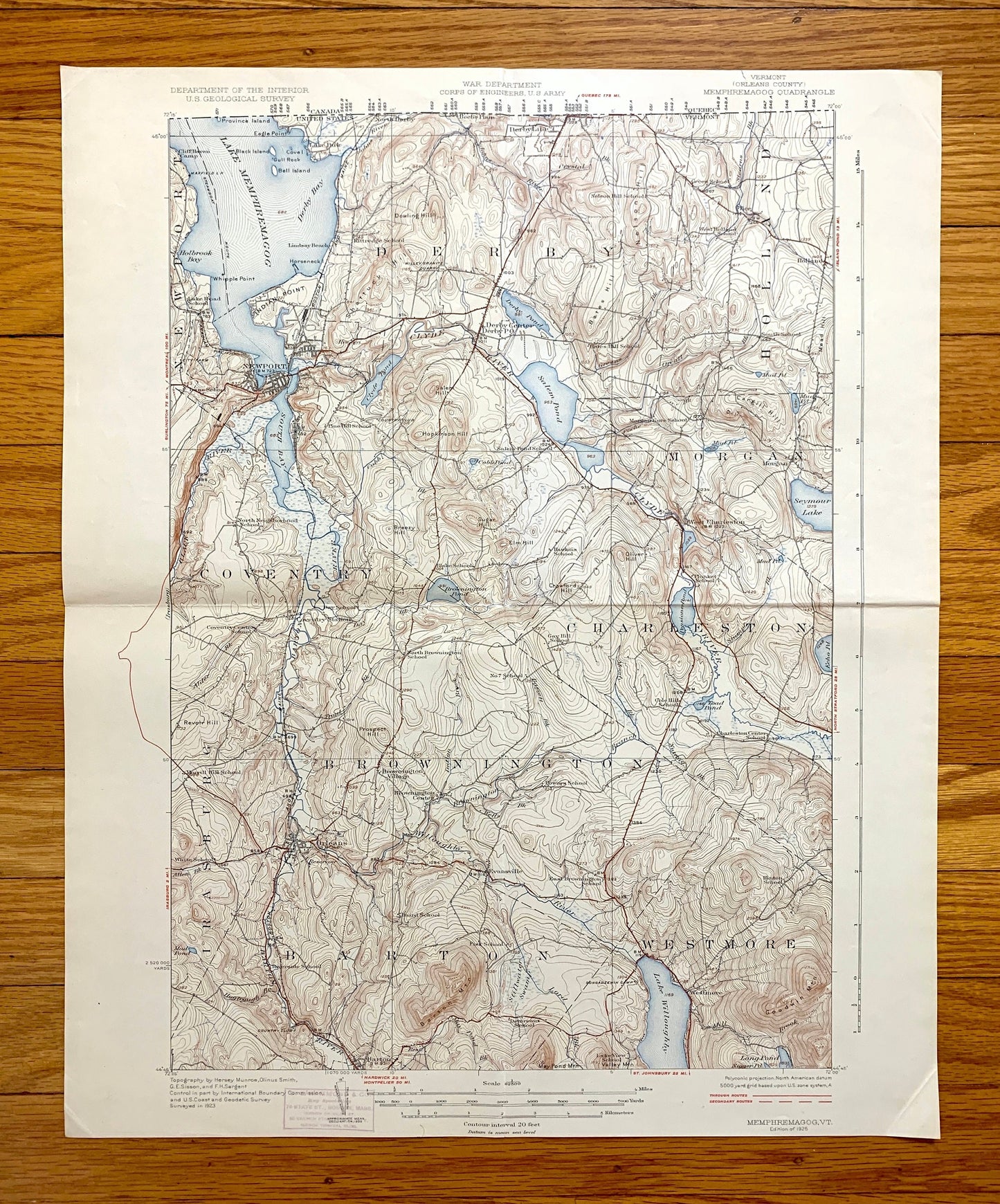 Antique Memphremagog, Vermont 1925 US Geological Survey Topographic Map – Newport, Derby, Conventry, Orleans County, Brownington Westmore VT