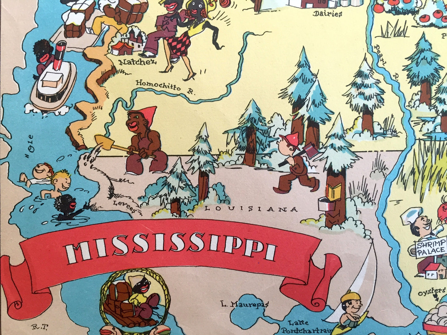 Antique 1935 Mississippi State Map from Our Gay Geography by Ruth Taylor – Jackson, Gulfport, Southaven, Hattiesburg, Biloxi, Tupelo, MS
