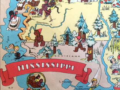 Antique 1935 Mississippi State Map from Our Gay Geography by Ruth Taylor – Jackson, Gulfport, Southaven, Hattiesburg, Biloxi, Tupelo, MS