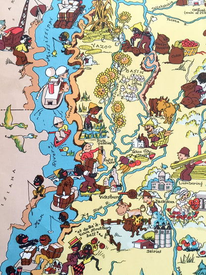 Antique 1935 Mississippi State Map from Our Gay Geography by Ruth Taylor – Jackson, Gulfport, Southaven, Hattiesburg, Biloxi, Tupelo, MS