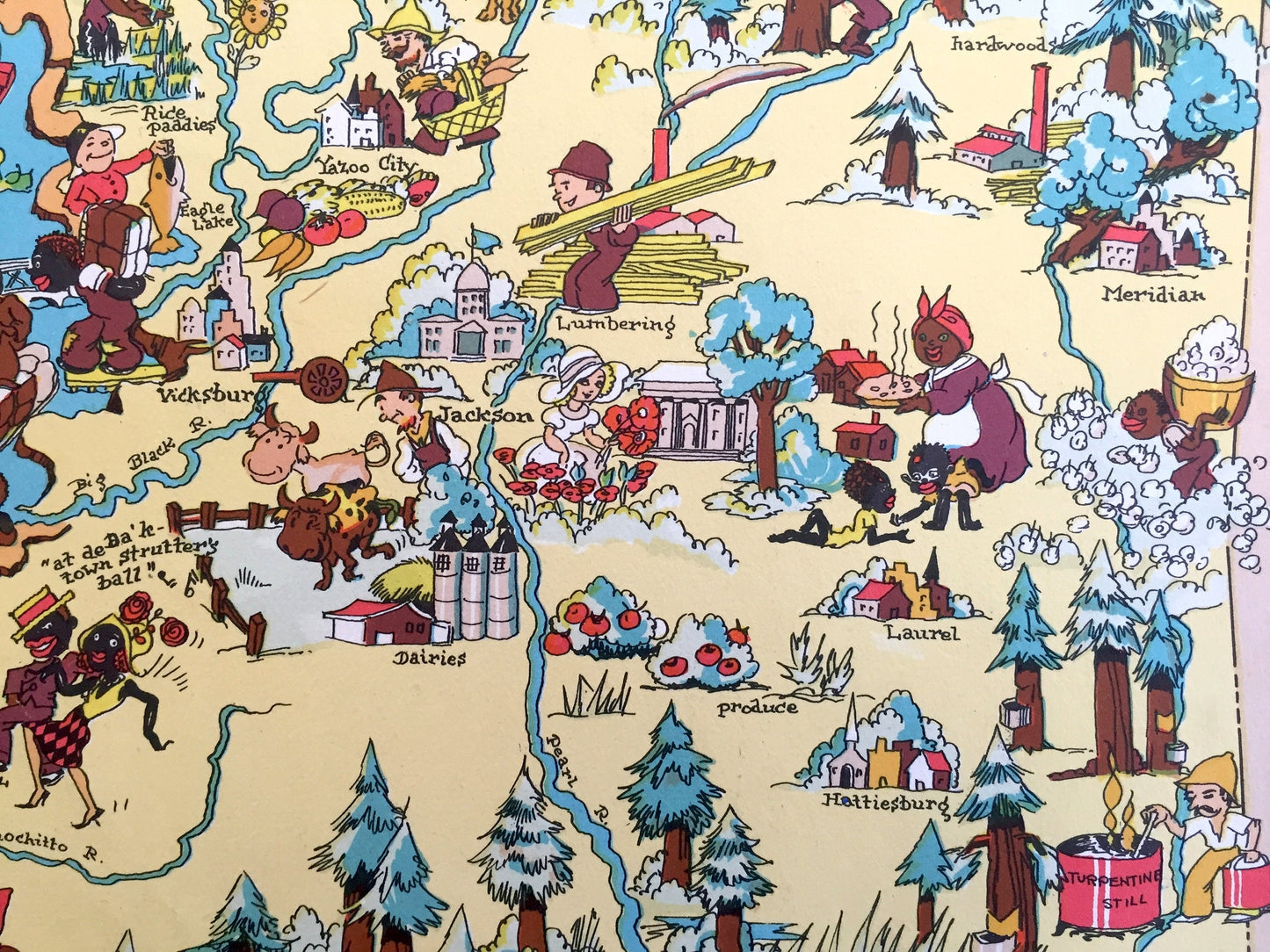 Antique 1935 Mississippi State Map from Our Gay Geography by Ruth Taylor – Jackson, Gulfport, Southaven, Hattiesburg, Biloxi, Tupelo, MS