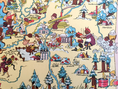 Antique 1935 Mississippi State Map from Our Gay Geography by Ruth Taylor – Jackson, Gulfport, Southaven, Hattiesburg, Biloxi, Tupelo, MS