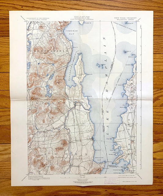 Antique Willsboro, New York 1895 US Geological Survey Topographic Map – Lake Champlain, Adirondacks, Essex, Chittenden Burlington Addison NY