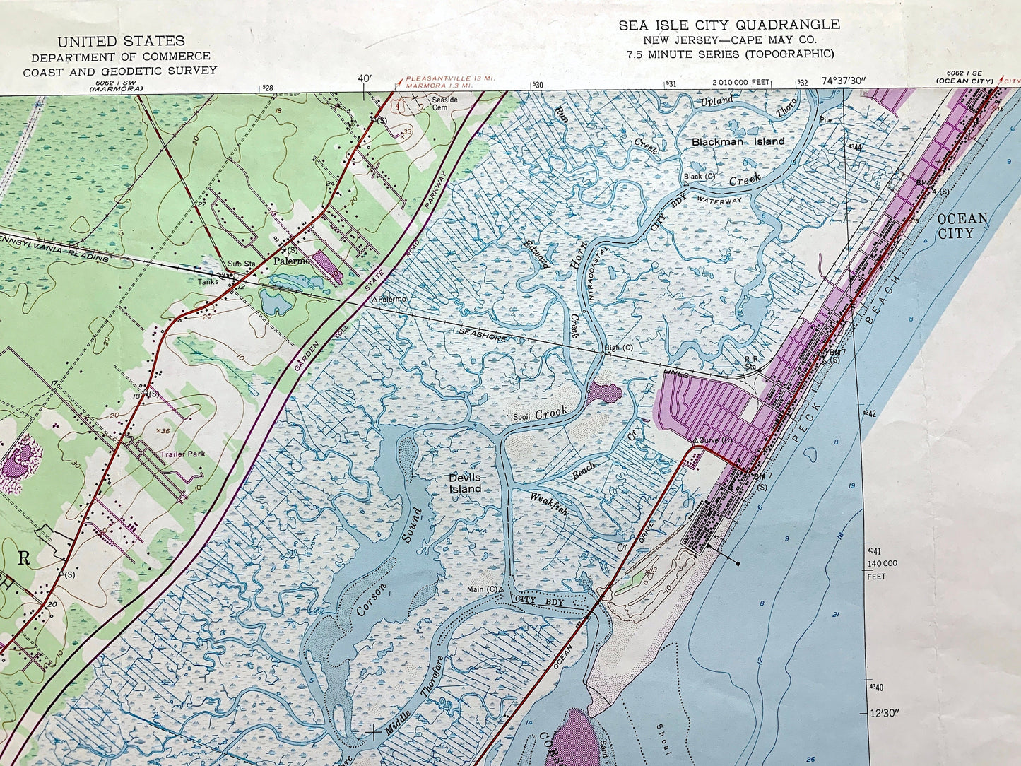 Antique Sea Isle City, New Jersey 1952 US Geological Survey Topographic Map – Cape May County, Dennis, Ocean City, Strathmere Shore Beach NJ