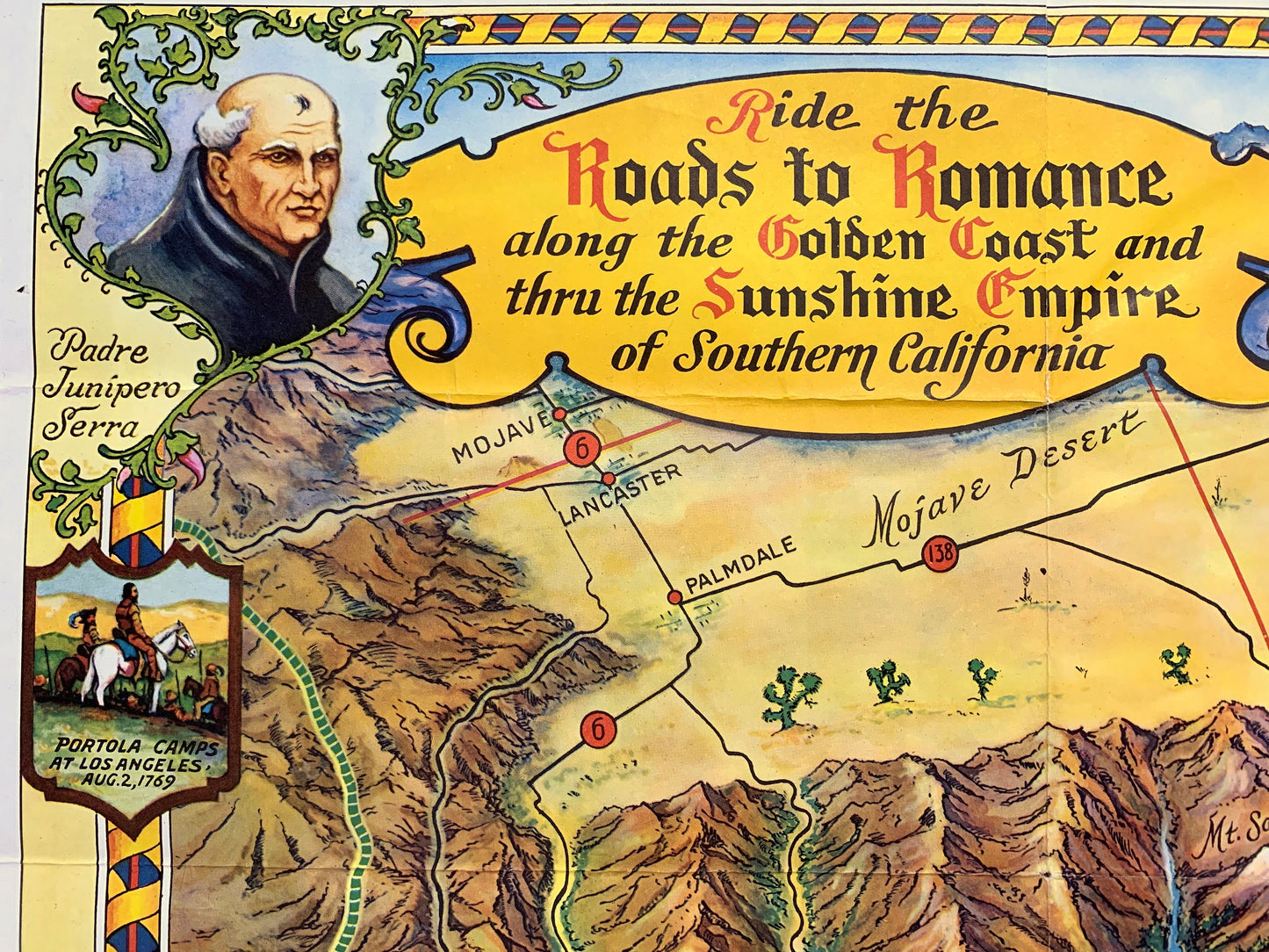 Antique Southern California 1946 Roads to Romance Pictorial Map – Los Angeles, San Diego, Santa Barbara, Malibu, Simi Valley, Ventura, CA