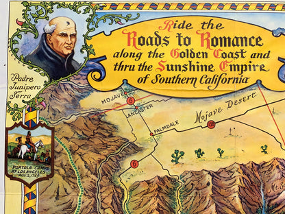 Antique Southern California 1946 Roads to Romance Pictorial Map – Los Angeles, San Diego, Santa Barbara, Malibu, Simi Valley, Ventura, CA