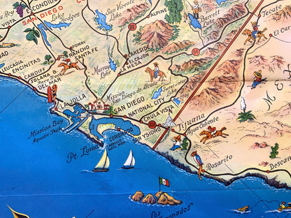 Antique Southern California 1946 Roads to Romance Pictorial Map – Los Angeles, San Diego, Santa Barbara, Malibu, Simi Valley, Ventura, CA