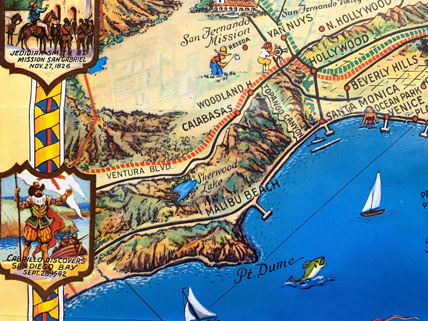 Antique Southern California 1946 Roads to Romance Pictorial Map – Los Angeles, San Diego, Santa Barbara, Malibu, Simi Valley, Ventura, CA