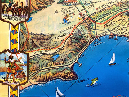 Antique Southern California 1946 Roads to Romance Pictorial Map – Los Angeles, San Diego, Santa Barbara, Malibu, Simi Valley, Ventura, CA